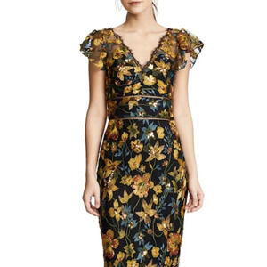Marchesa Black Floral Embroidered Midi Dress